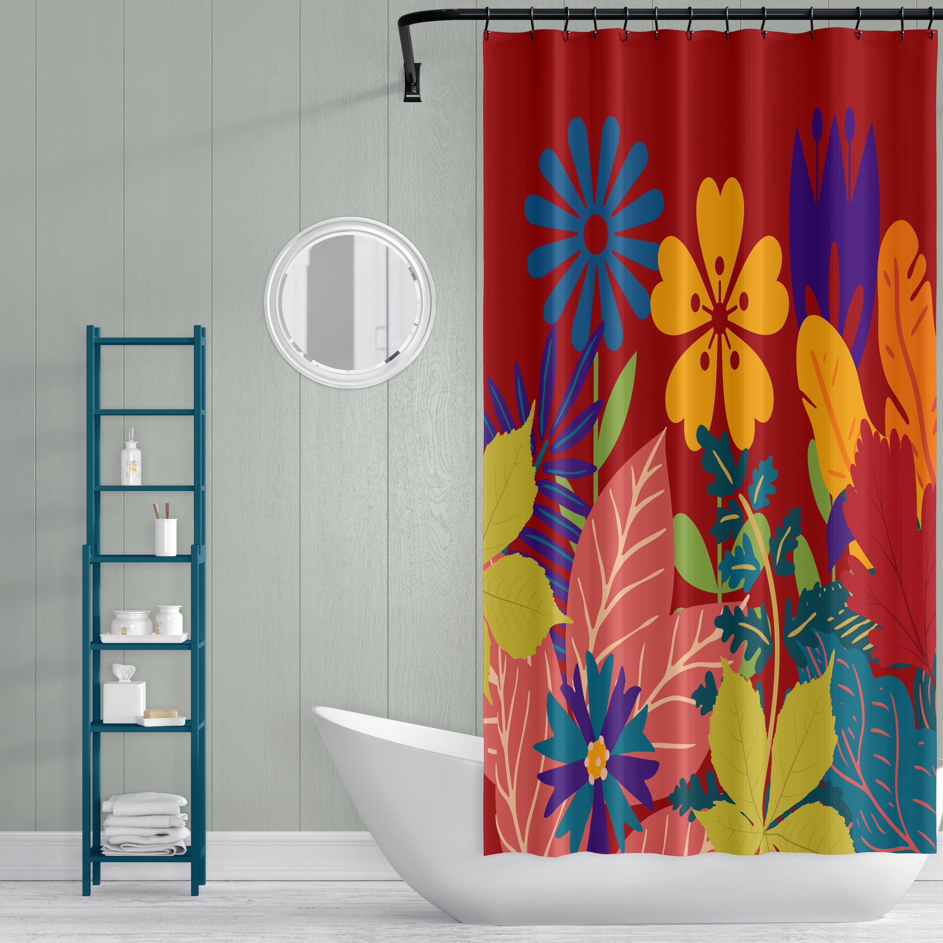 Red Floral Shower Curtain Bold Floral Maximalist Bathroom Etsy