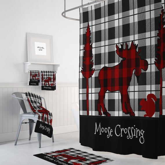 Rustic Plaid Moose Shower Curtain Buffalo Plaid Optional Etsy