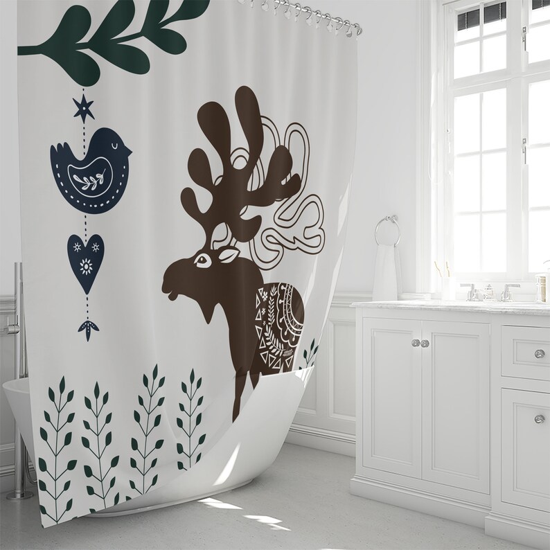 Moose Shower Curtain Nordic Woodland Bathroom Decor Etsy