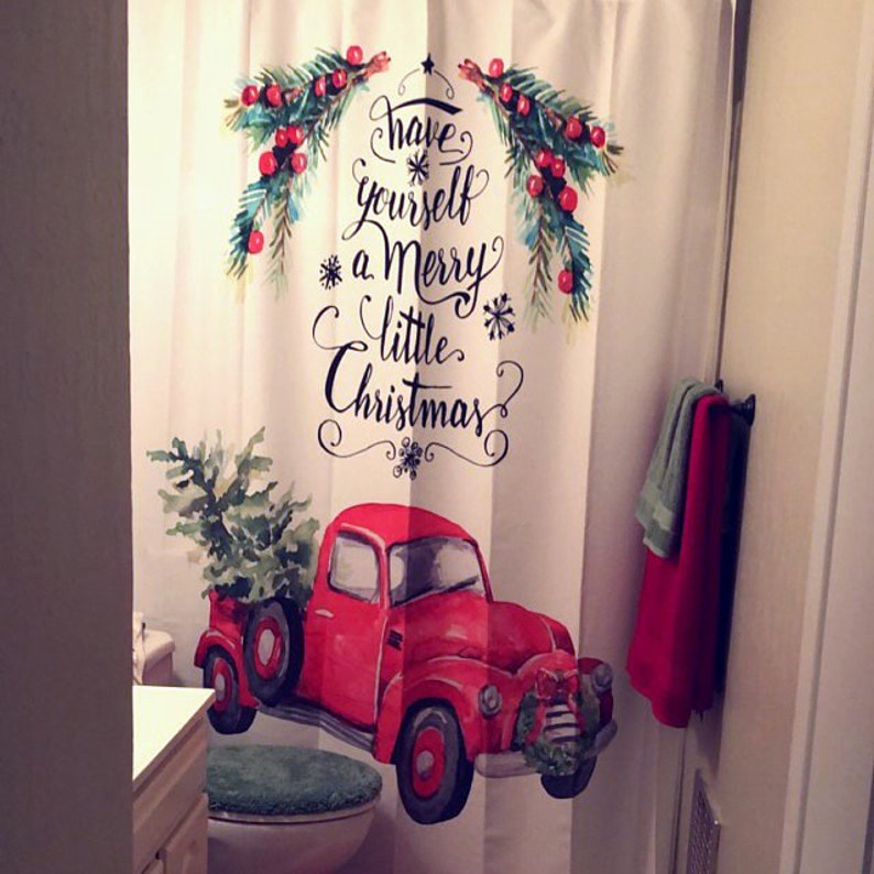 Christmas Red Truck With Tree Shower Curtain Bath Mat Towels Etsy