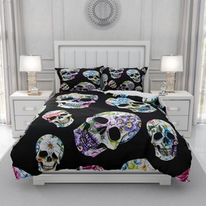 Sugar Skull  Bedding Comforter Set ,Duvet Cover , Floral, Black Background, Bedding Day Of The Dead Bedding , Twin Full Queen King Bedding