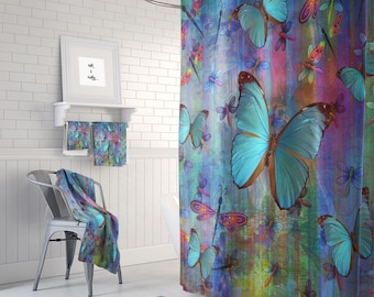 Boho Chic Dragonfly Butterfly Shower Curtain  Optional Bath Mat and Towels,