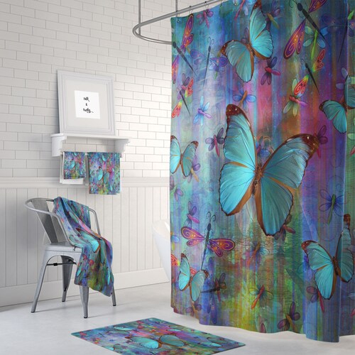 Boho Chic Dragonfly Butterfly Shower Curtain Optional Bath Mat Etsy