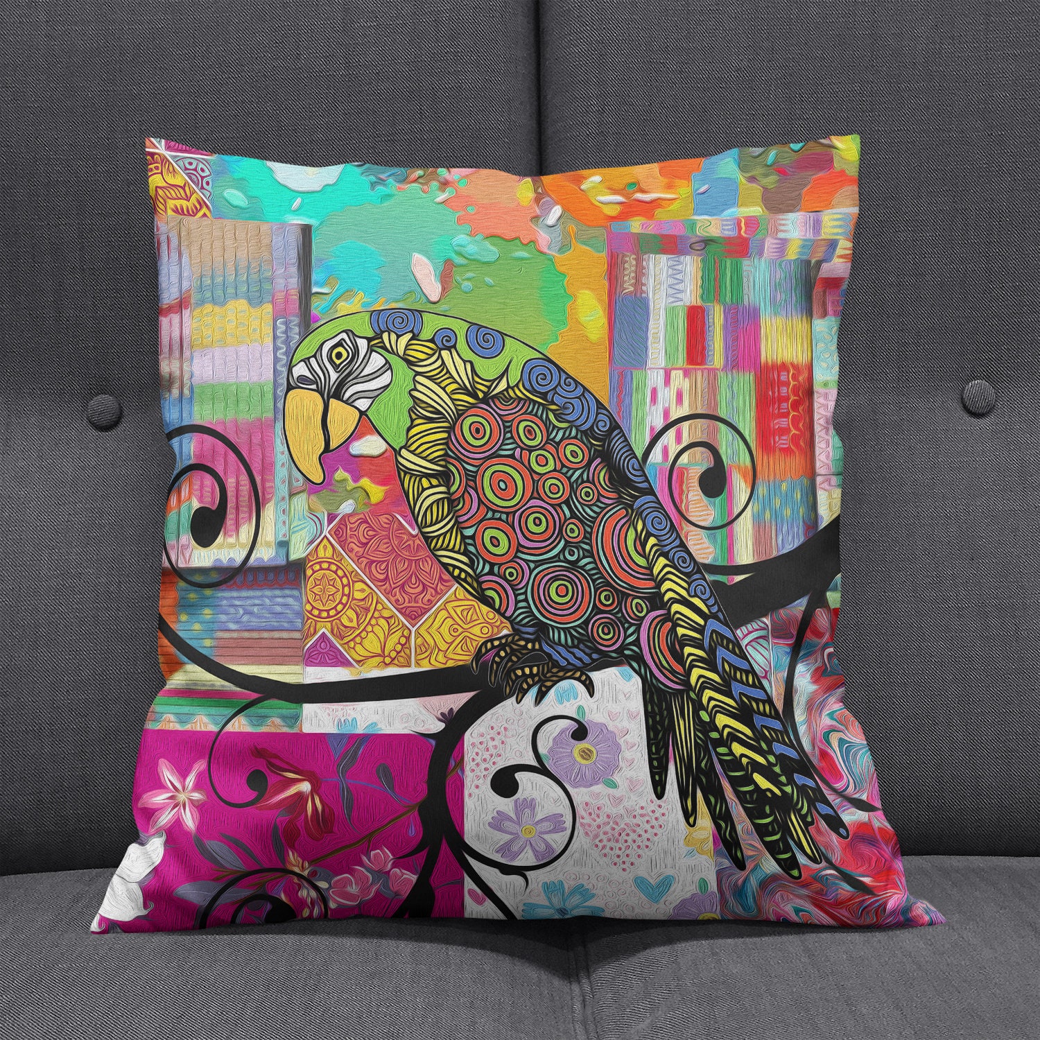 Throw Pillow Hippie Decor Funky Parrot Accent Pillow Boho Pillows