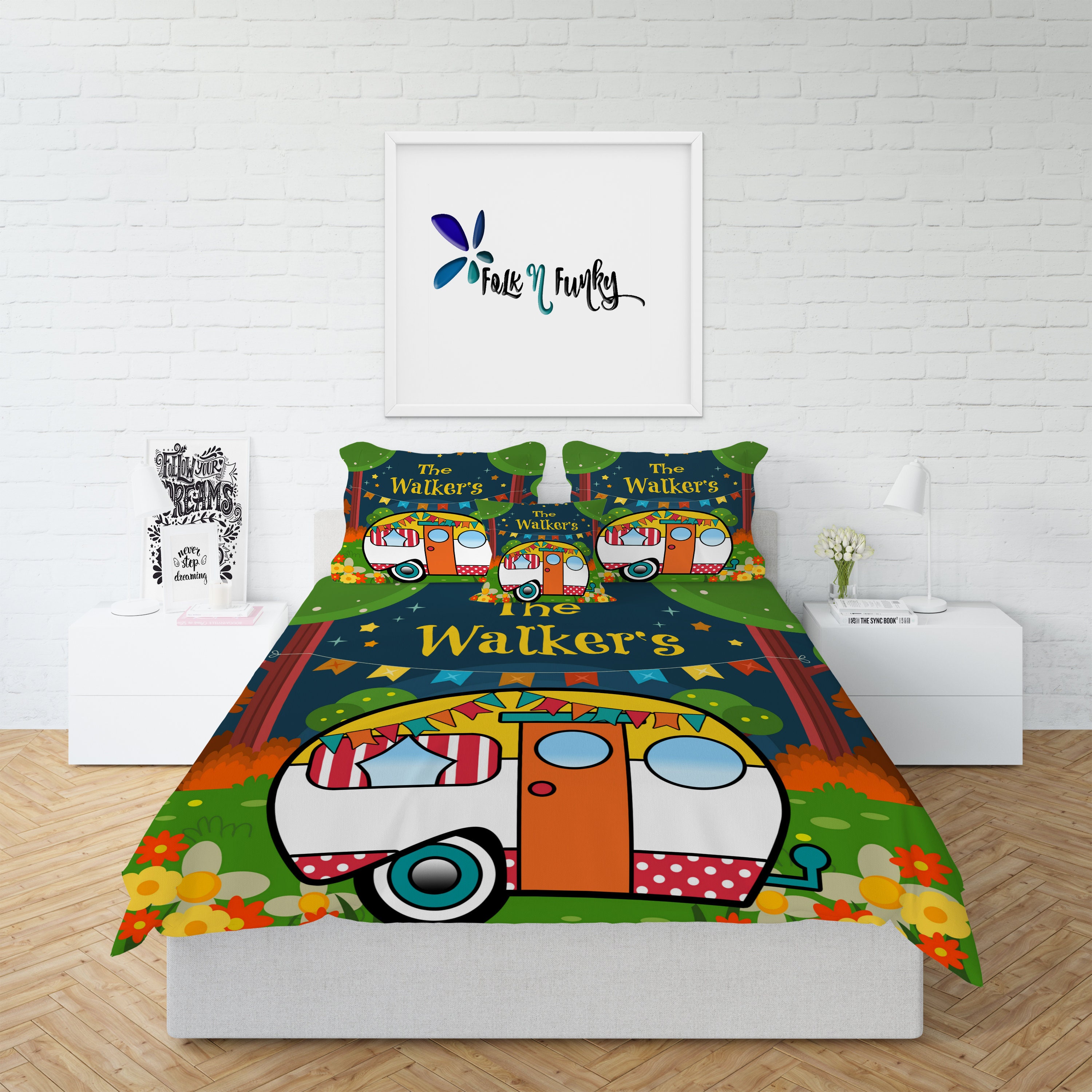 Personalized Retro Camper Bedding Comforter Set Or Duvet Cover