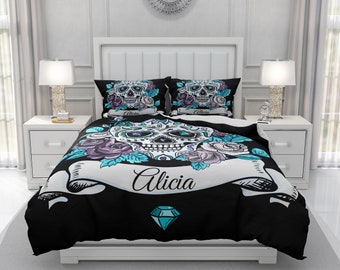 Personalized Sugar Skull Bedding | Custom Name | Black and Teal Skull Comforter Or Duvet Cover | Pillow Shams | Christmas, Birthday Gift