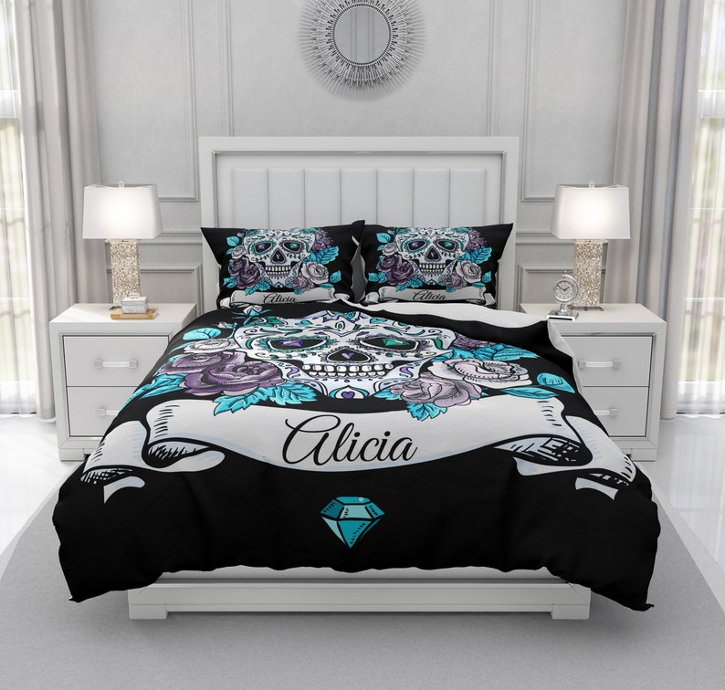 Personalized Sugar Skull Bedding Custom Name Black and Teal Skull Comforter Or Duvet Cover Pillow Shams Christmas, Birthday Gift image 1