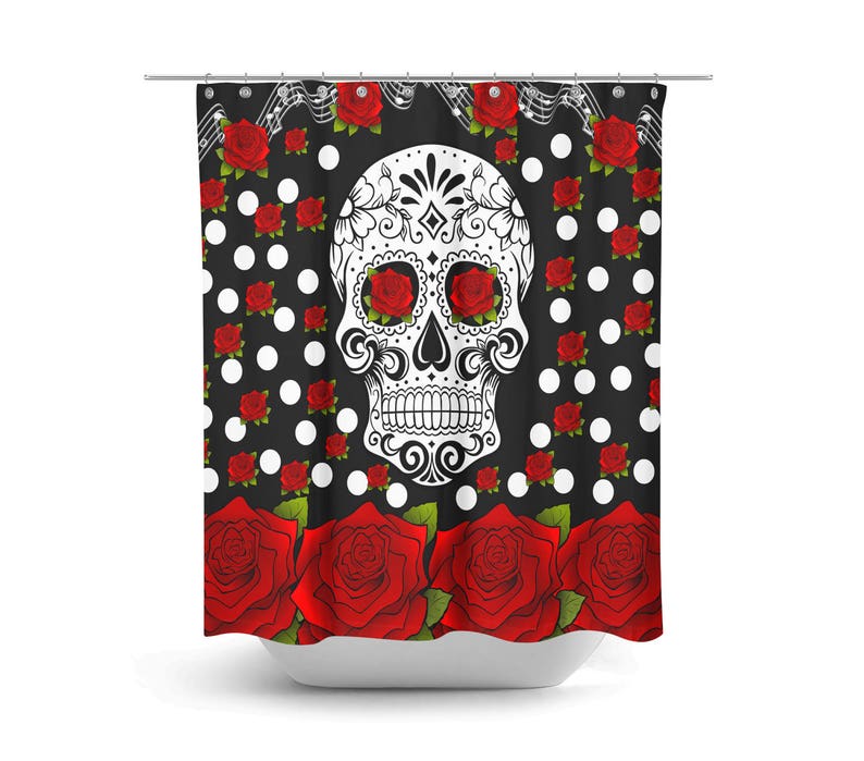 Sugar Skull Shower Curtain Day Of The Dead Red Roses Etsy