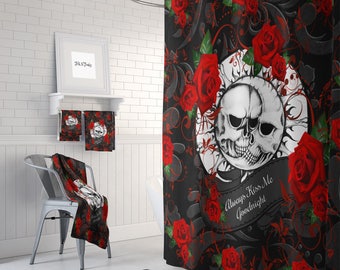 Celestial Skull Shower Curtain, Gothic Bathroom Decor, Red and Black Shower Curtain