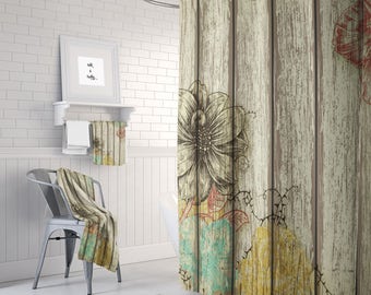 Shower Curtain Rustic Barn Wood Floral