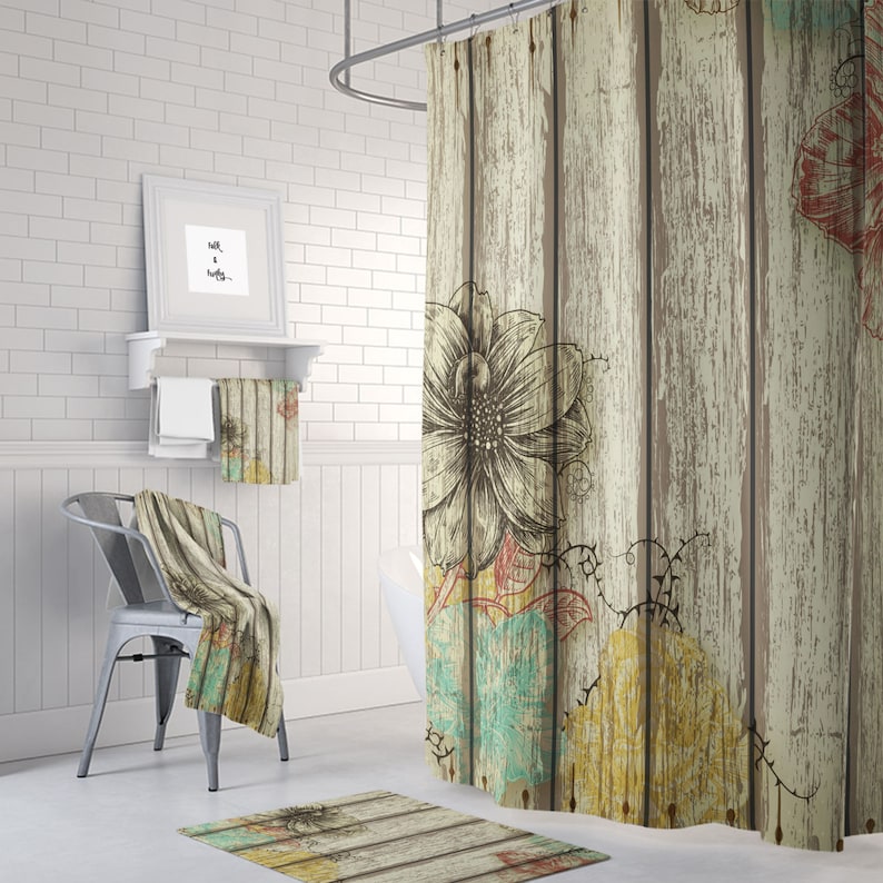 Shower Curtain Rustic Barn Wood Floral Etsy