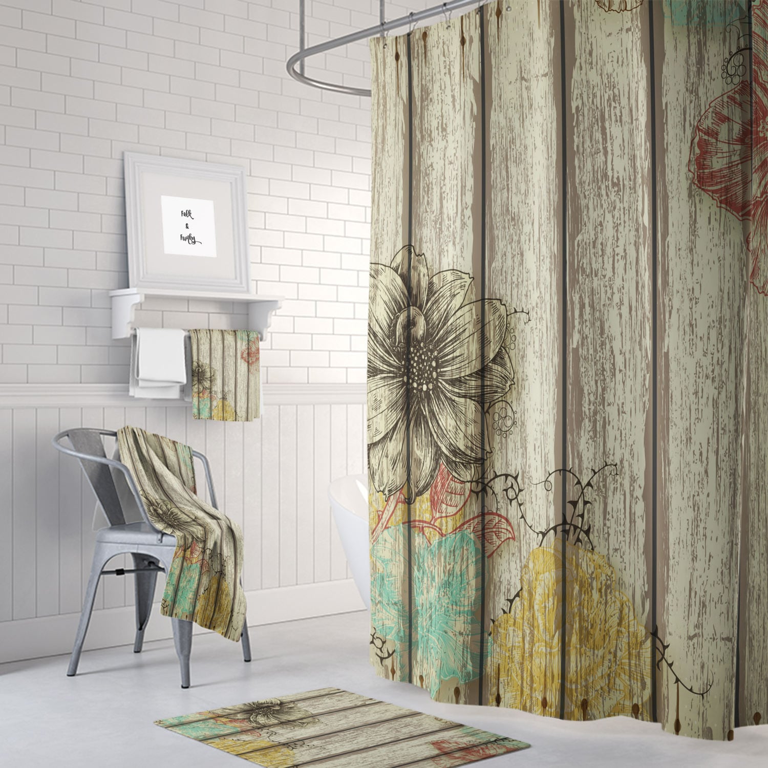 Shower Curtain Rustic Barn Wood Floral 