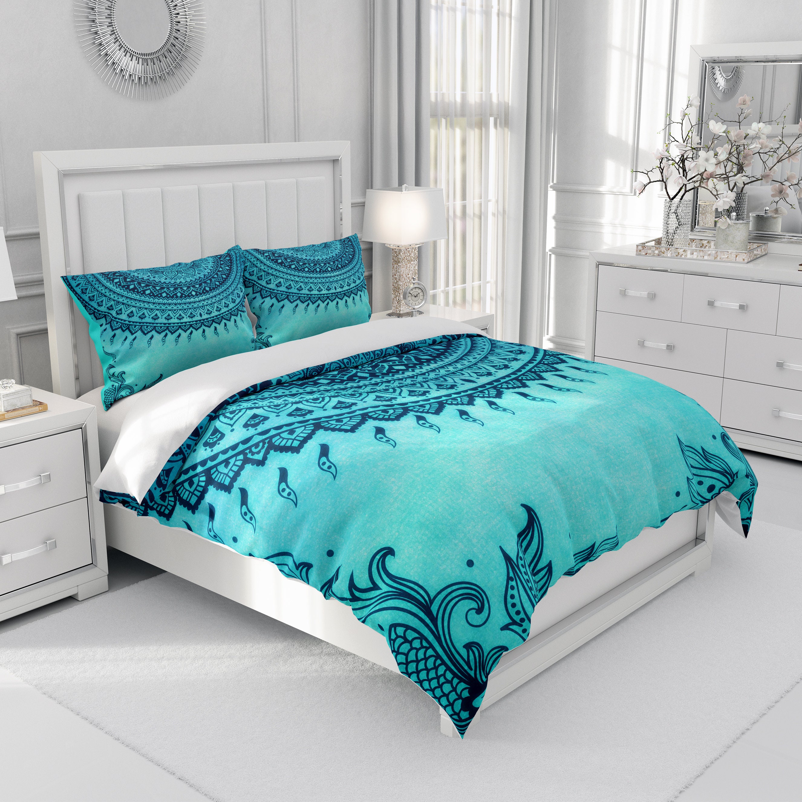 Turquoise Boho Comforter Duvet Cover Pillow Shams Etsy