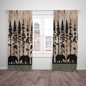 Woodland Bear Window Curtains, Lodge Theme Curtain Panels, Rustic Home Decor