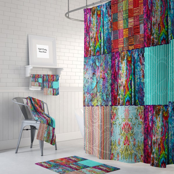 Boho Chic  Shower Curtain Optional Bath  Mat Bathroom Set Gypsy Blocks