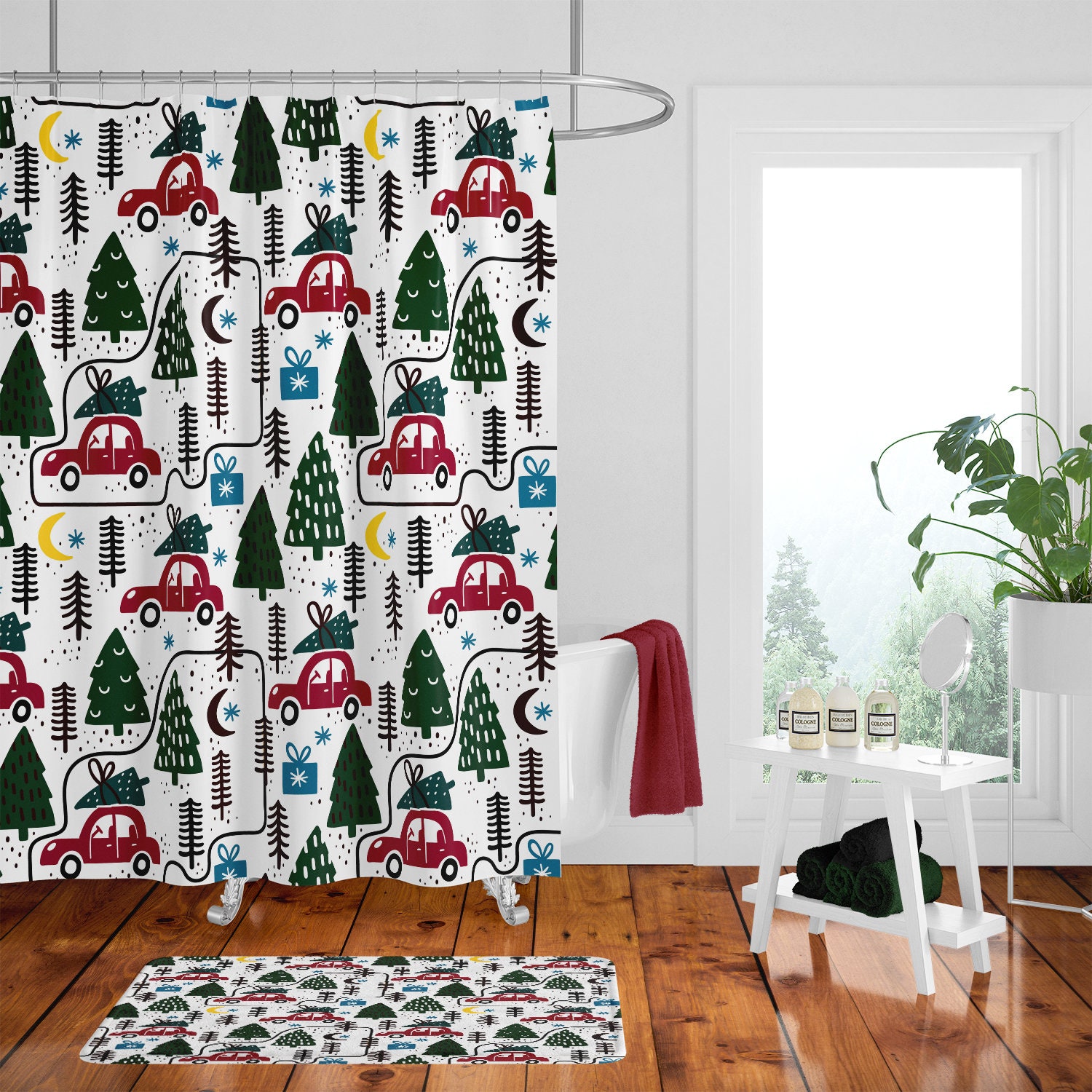 Details about   Red Retro Car With Christmas Tree Vintage Shower Curtain Set Bathroom Decor 72“ 