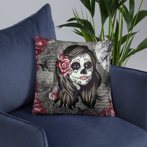 Sugar Skull Pillow , Throw Pillows, Skulls, La Rosa Girl Skull afbeelding 2