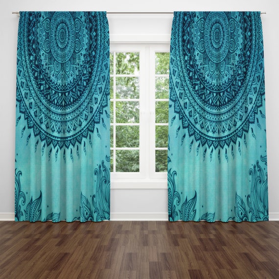 turquoise and brown window curtains