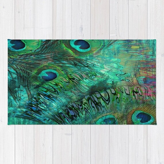 Peacock Feather Abstract Rug Throw or Area Woven Dobby Etsy