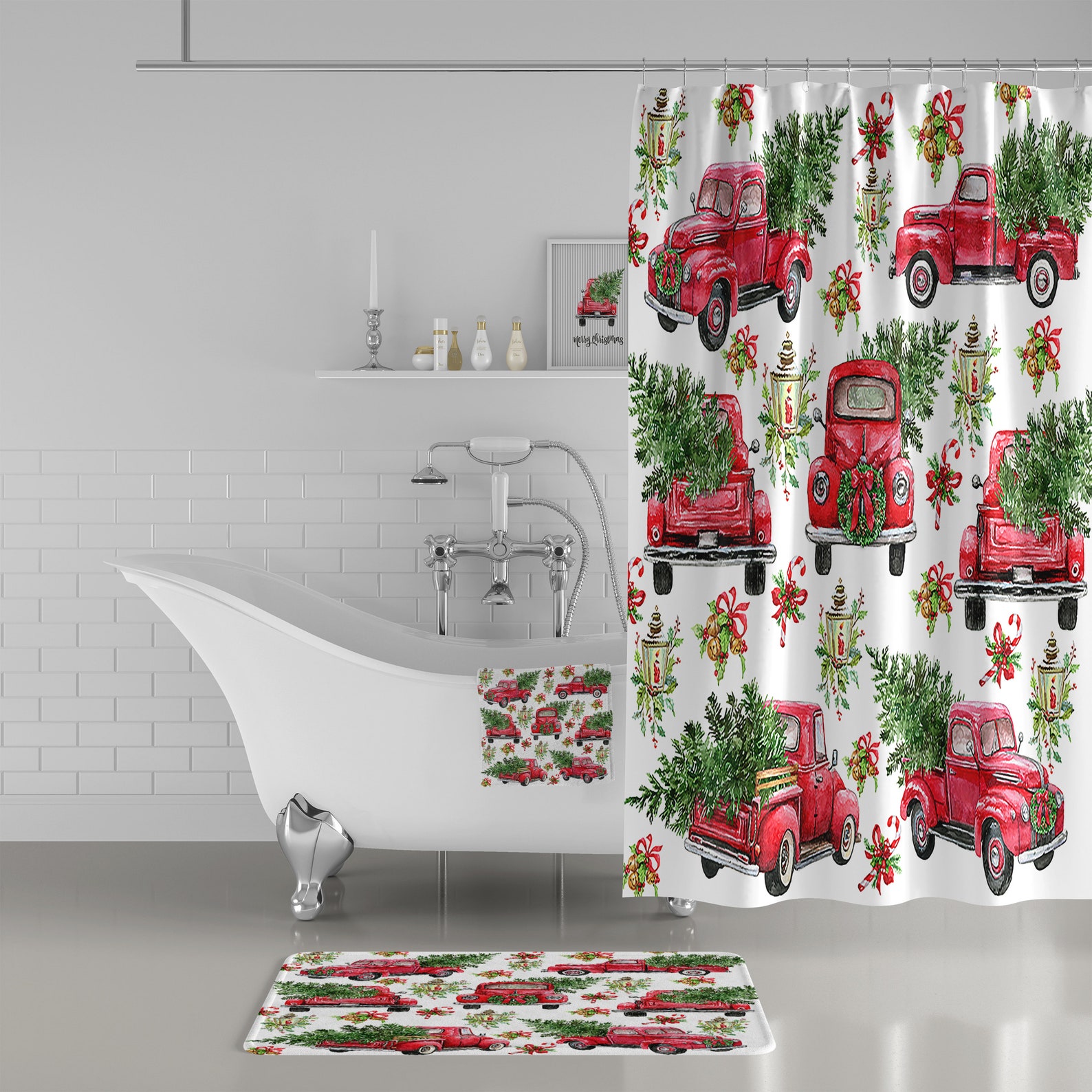 Red Truck Christmas Shower Curtain Holiday Shower Curtain Etsy