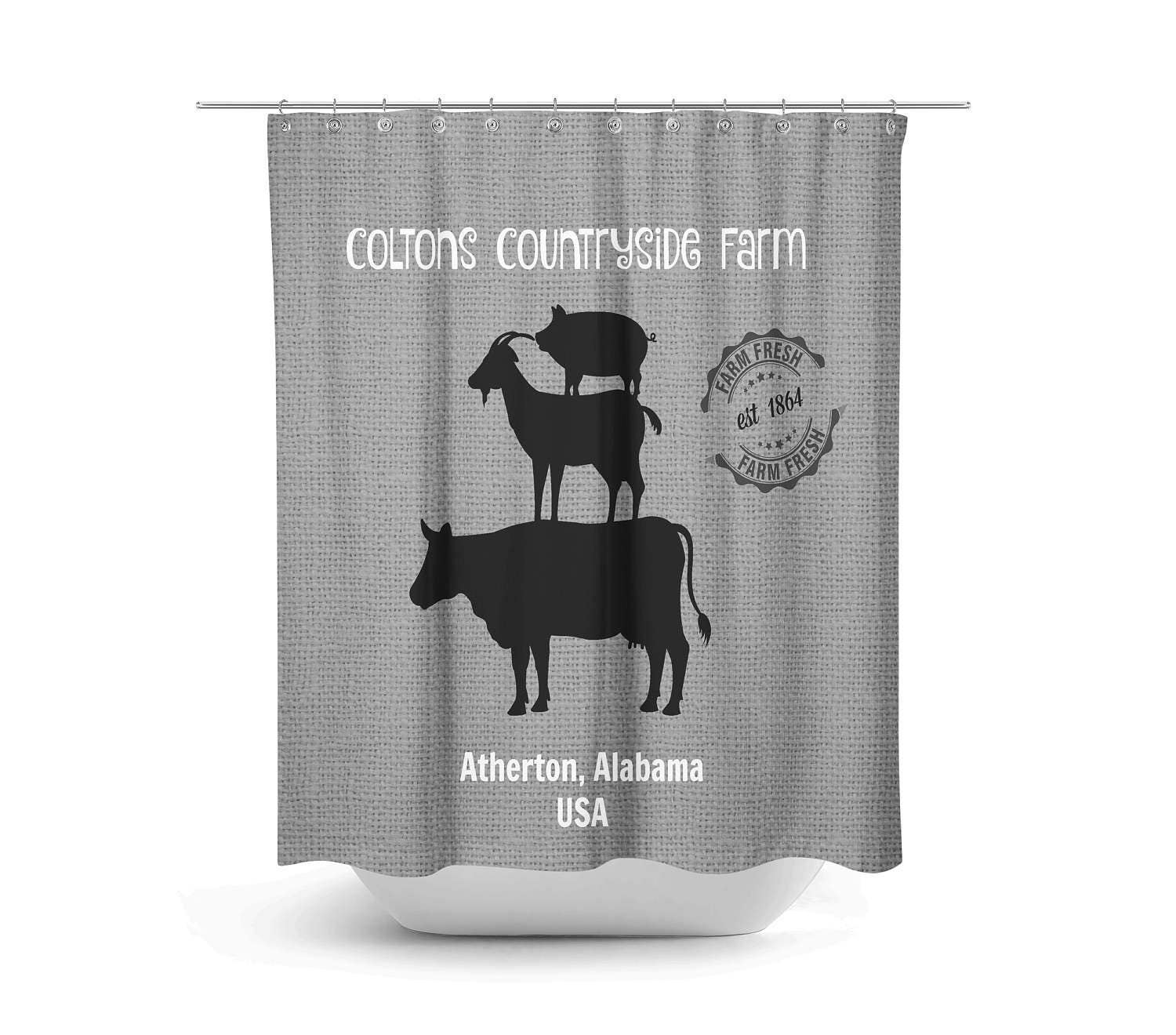 Custom Personalized Farm Shower Curtain Farmhouse Chic Gray Optional Custom Personalized Farm Shower Curtain Farmhouse Chic Gray Optional Bath Mat Set Stacked Animals