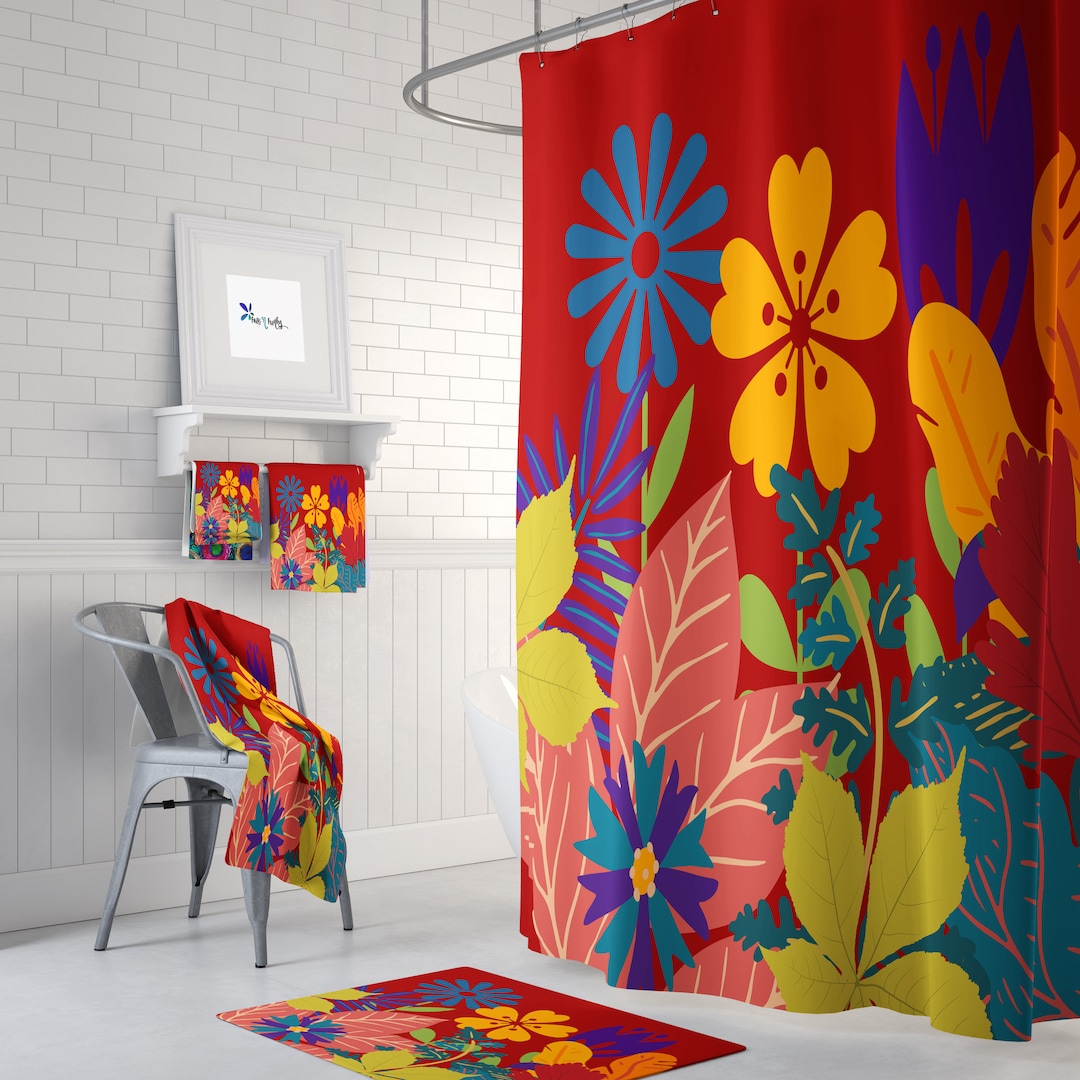 Red Floral Shower Curtain Bold Floral Maximalist Bathroom Etsy