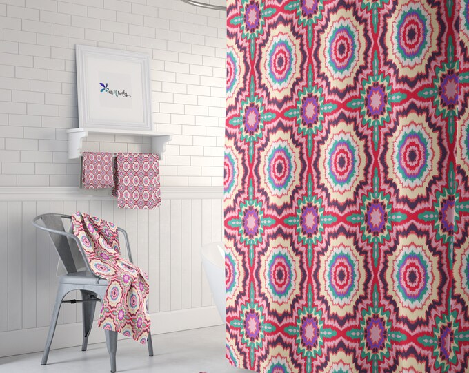 Boho Ikat Shower Curtain, Bath Mat, Towel Options