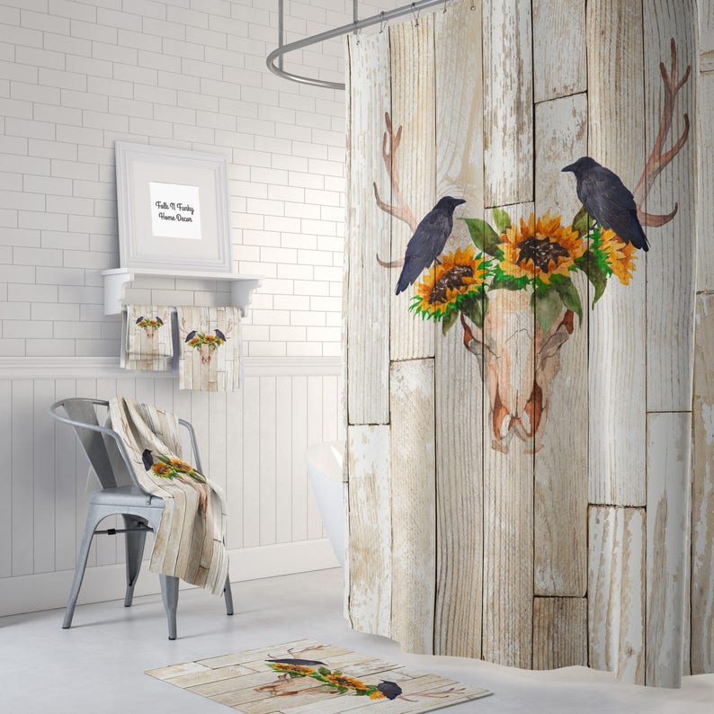Rustic Shower Curtain Antlers Sunflowers Crow Rustic Wood Etsy