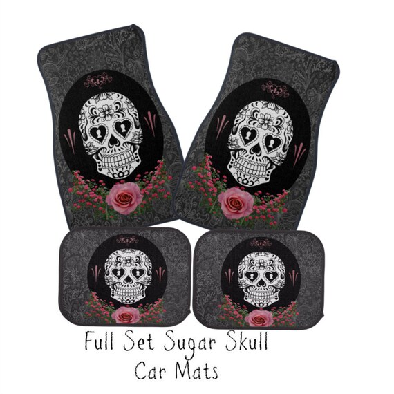 Car Mats Sugar Skull Dark Gray Damask Black Pink Roses Cameo