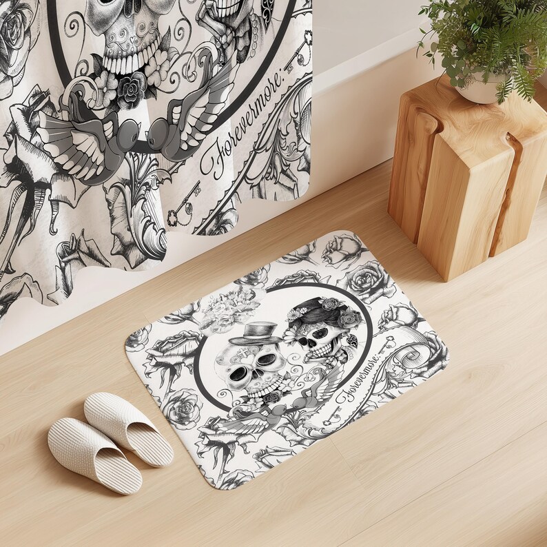 Sugar Skull Couple Shower Curtain – Gothic Bathroom Decor – Day of the Dead Bath Curtain – Dark Romance Skeleton Art – Folk N Funky image 4