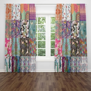 Boho Window Curtains, Faux Patchwork Curtain Panels