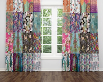 Boho Window Curtains, Faux Patchwork Curtain Panels