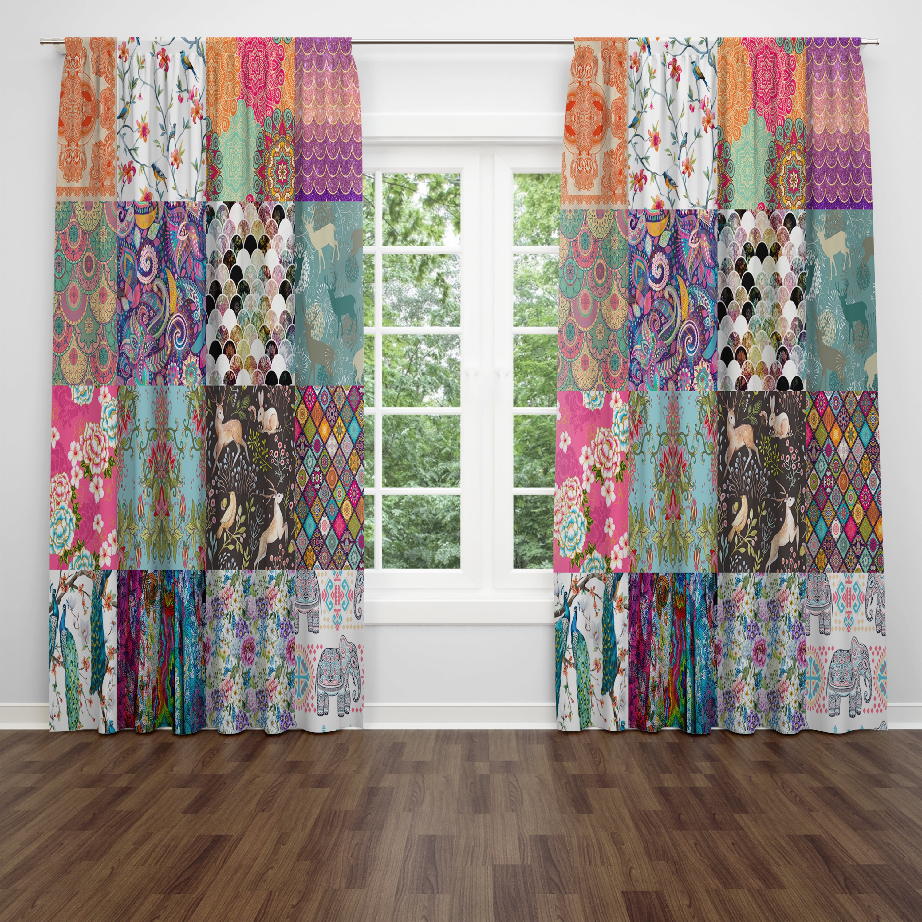 Boho Window Curtains Faux Patchwork Curtain Panels Etsy