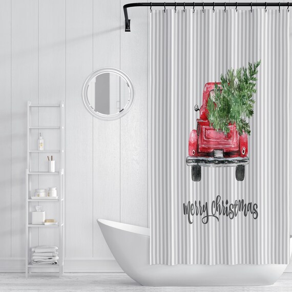 Shower Curtain Christmas Tree Red Holly Holiday Chalkboard Look Bathroom Decor