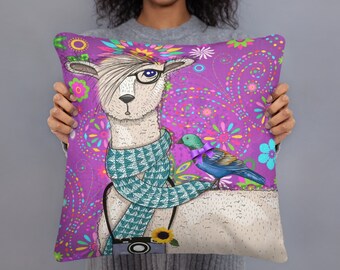 Llama Throw Pillow, Purple Floral Hipster, llama Decor