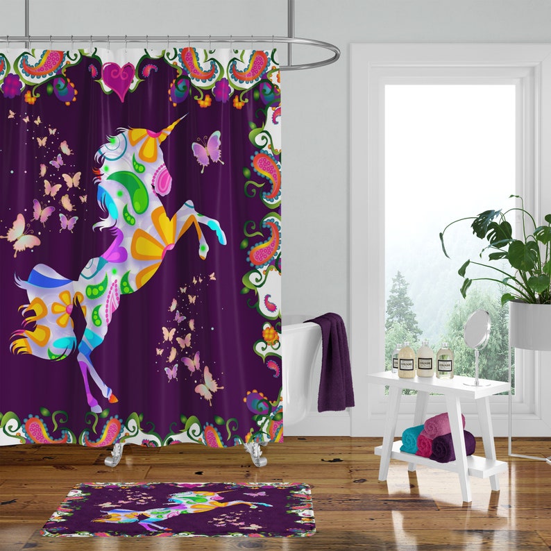 Unicorn Shower Curtain Funky Forest Collection Curtains Bath Mat Towels Boho Decor