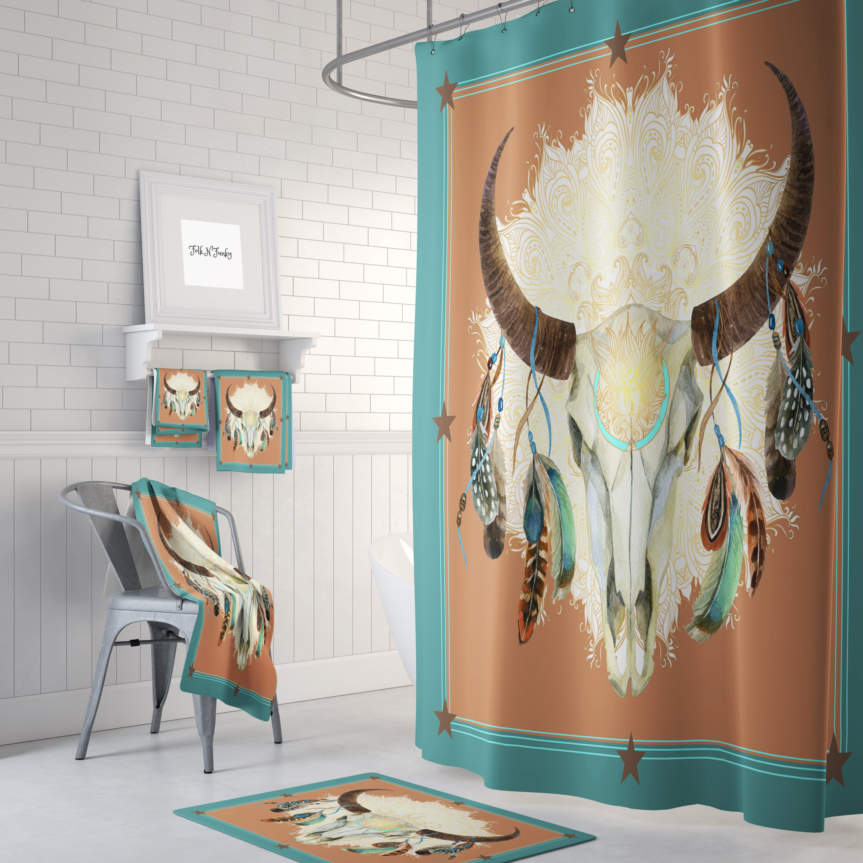 Boho Western Bull Skull Shower Curtain Optional Bath Bath Etsy