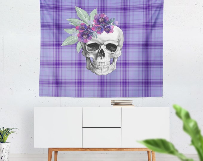 Purple Plaid  Sugar Skull Wall Tapestry