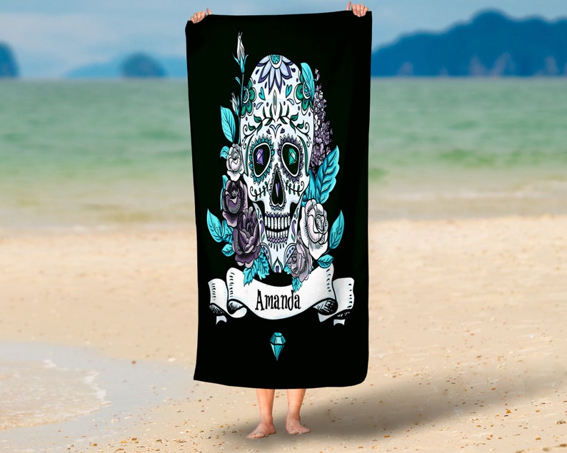 Personalized Sugar Skull Beach Towel Oversized 36 In X 72 In Black Teal