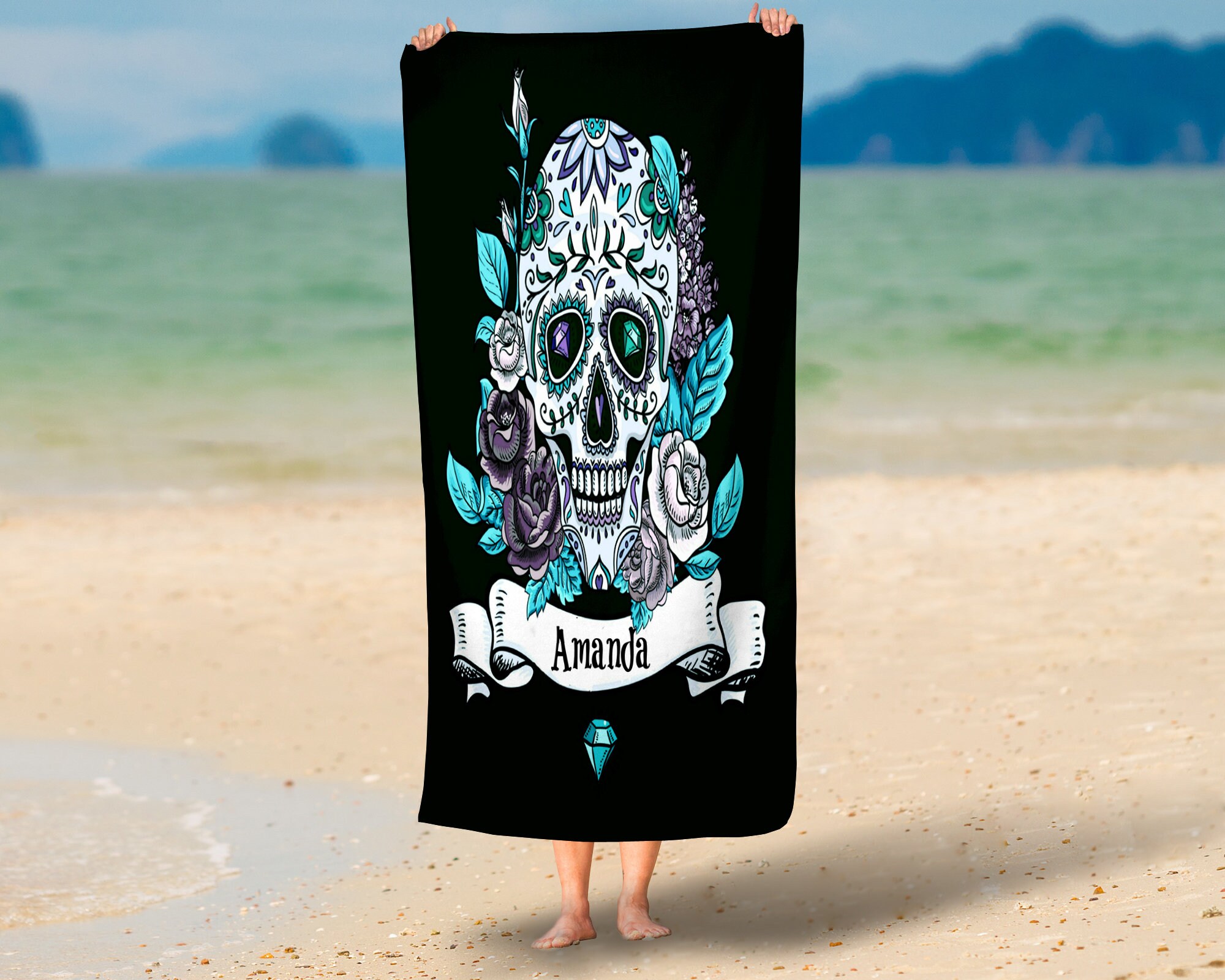 Personalized Sugar Skull Beach Towel Oversized 36 in x 72 Etsy