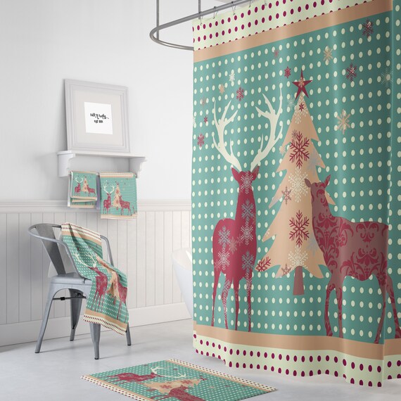 Deer Christmas Shower Curtain Country Woodland Bath Mat Etsy
