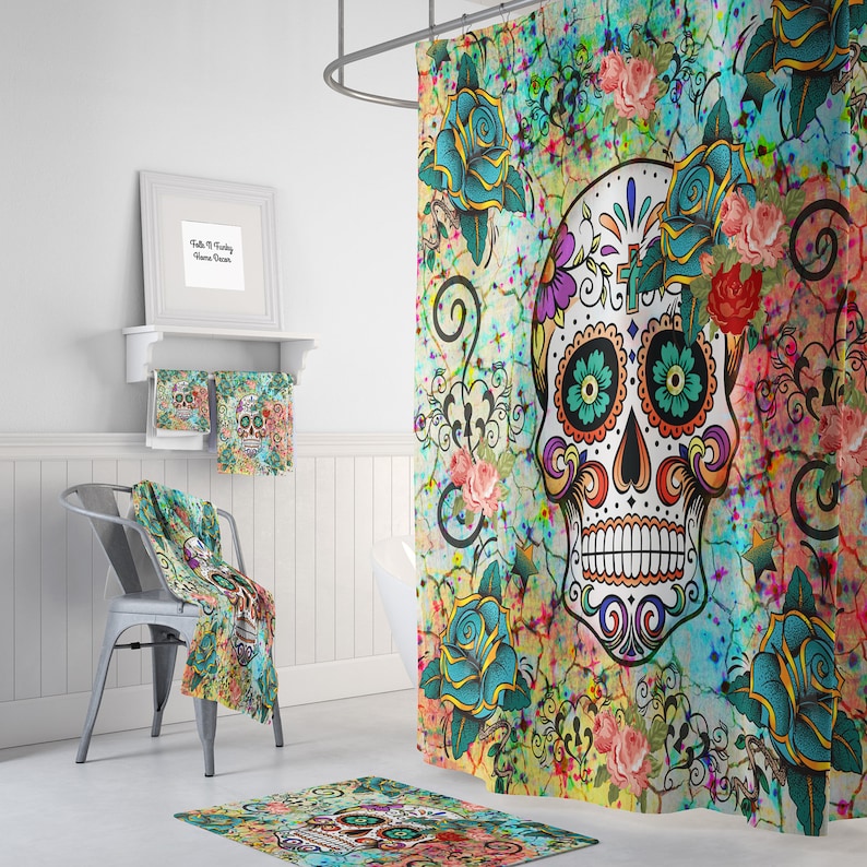 Abstract Skull Shower Curtain Sugar Bathroom Set Optional Bath Mat Towels Hand