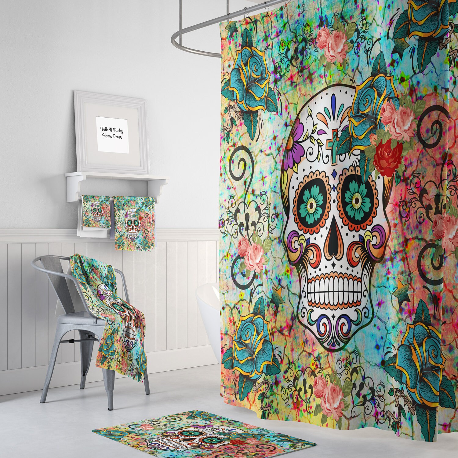Abstract Skull Shower Curtain Sugar Skull Bathroom Decor Etsy