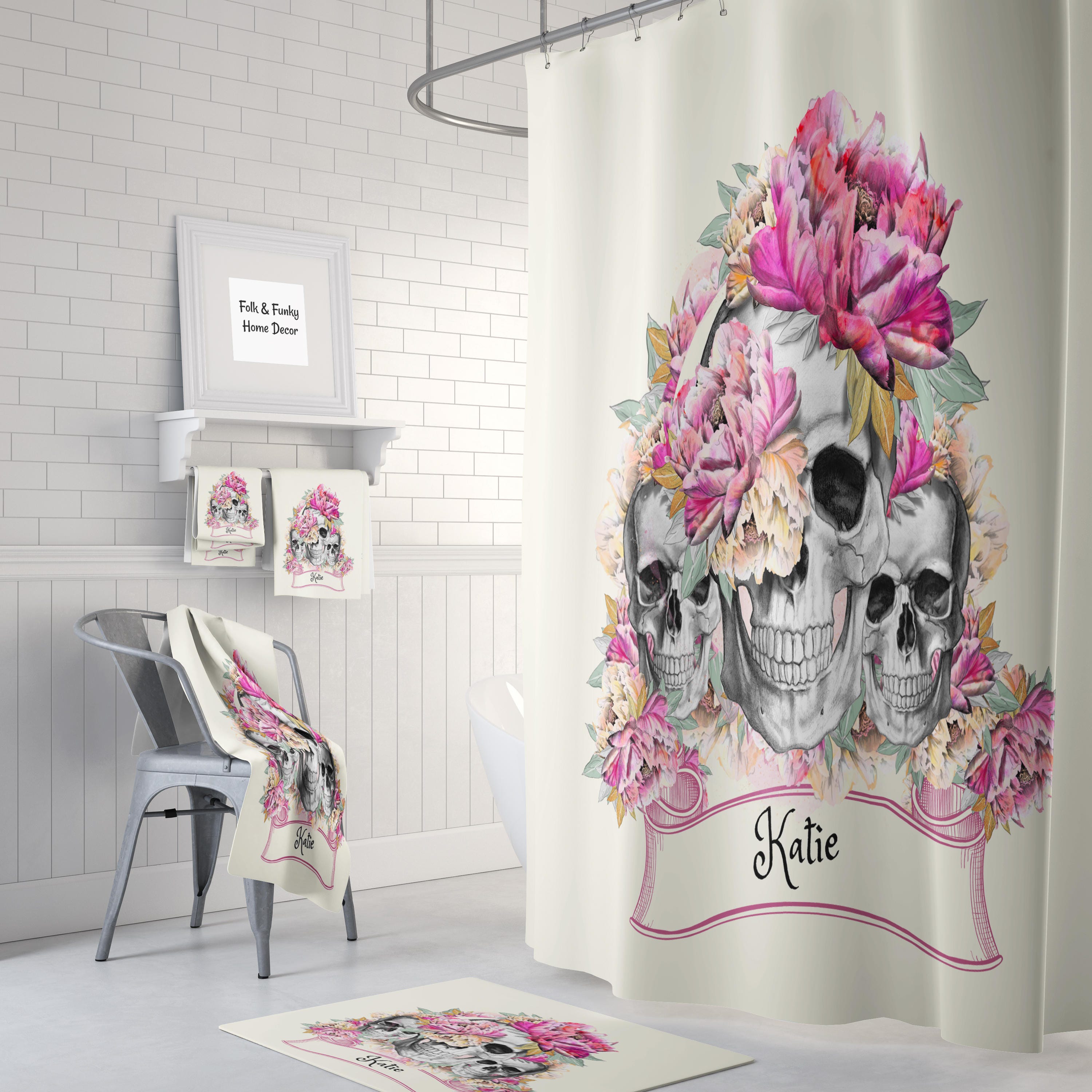 Personalized Sugar Skull Shower Curtain Pink Floral Optional Bath Mat Bathroom Set