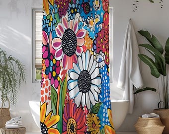 Bold Floral Shower Curtain – Colorful Boho Art for Maximalist & Modern Bathroom Décor
