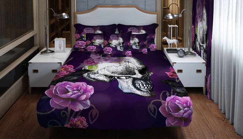 Purple Gothic Skull Bedding Floral Raven Duvet Cover Or Etsy