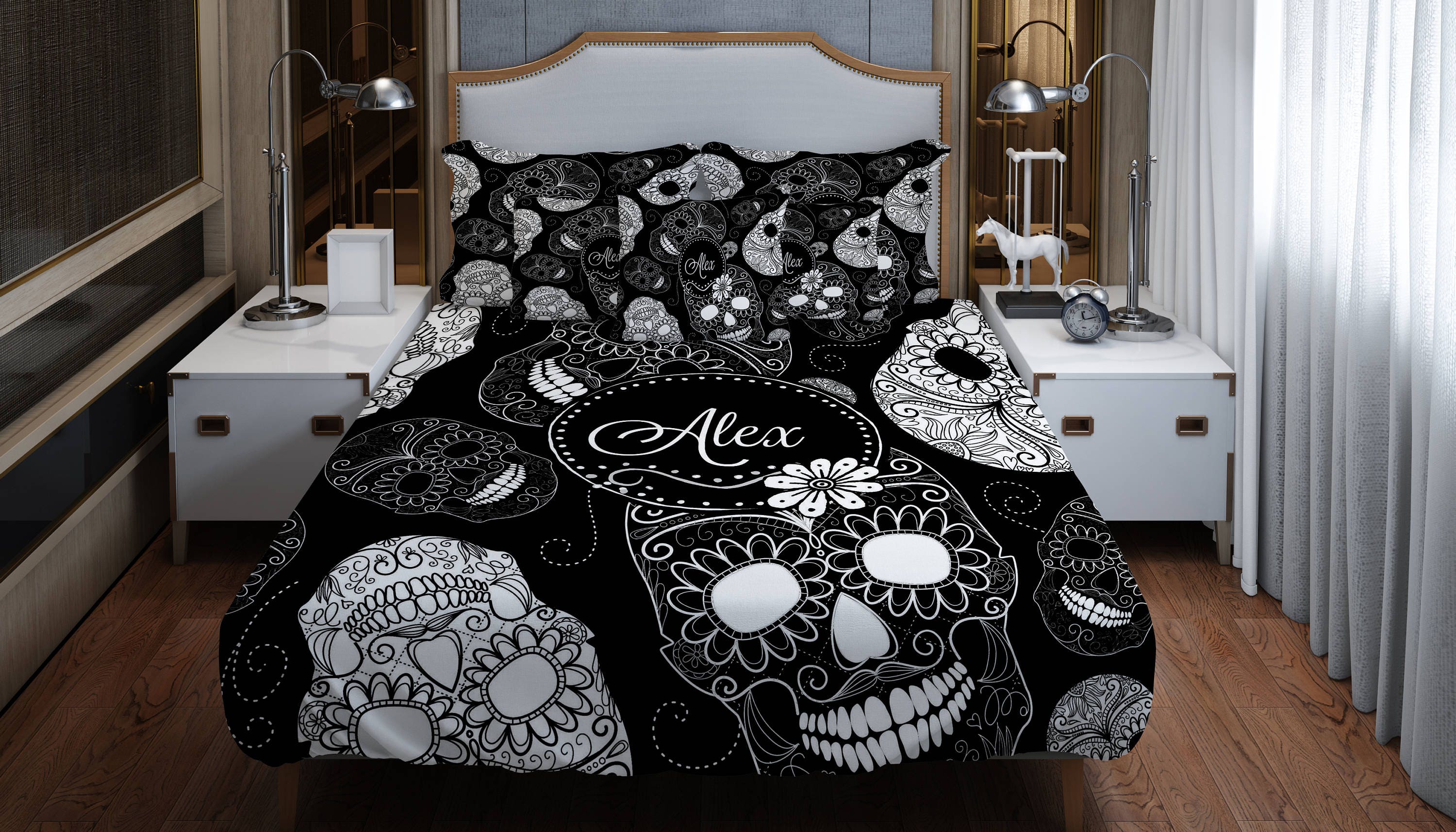 Personalized Sugar Skull Bedding Duvet Cover Or Comforter Twin Personalized Sugar Skull Bedding Duvet Cover Or Comforter Twin Full Queen King Rug Throw Pilllow Options Black And White