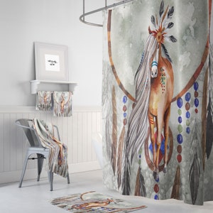 Horse Shower Curtain, Boho Southwest, Gray Watercolor , Optional Bath Mat , Bath Towels