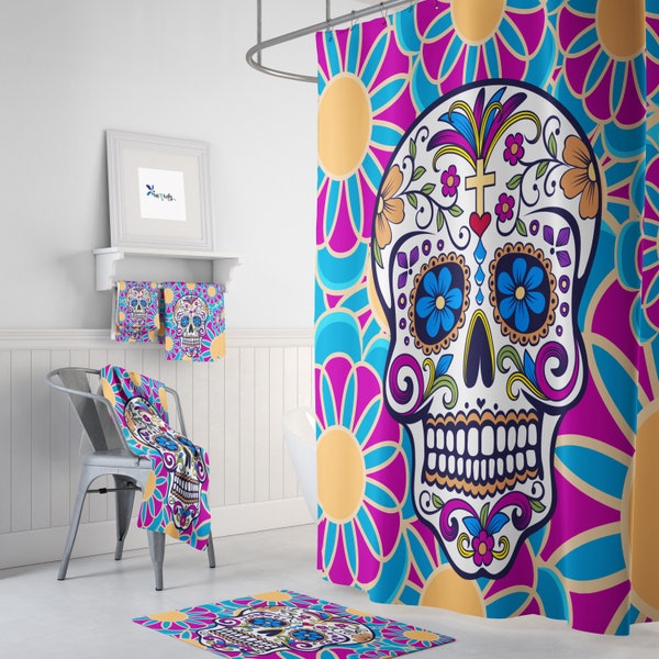 Sugar Skull Bathroom Set, Shower Curtain, Bath Mat, Towels,