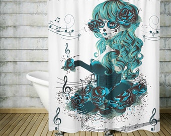 Sugar Skull Shower Curtain Teal Girl Skull Pretty Diva- Musical Notes